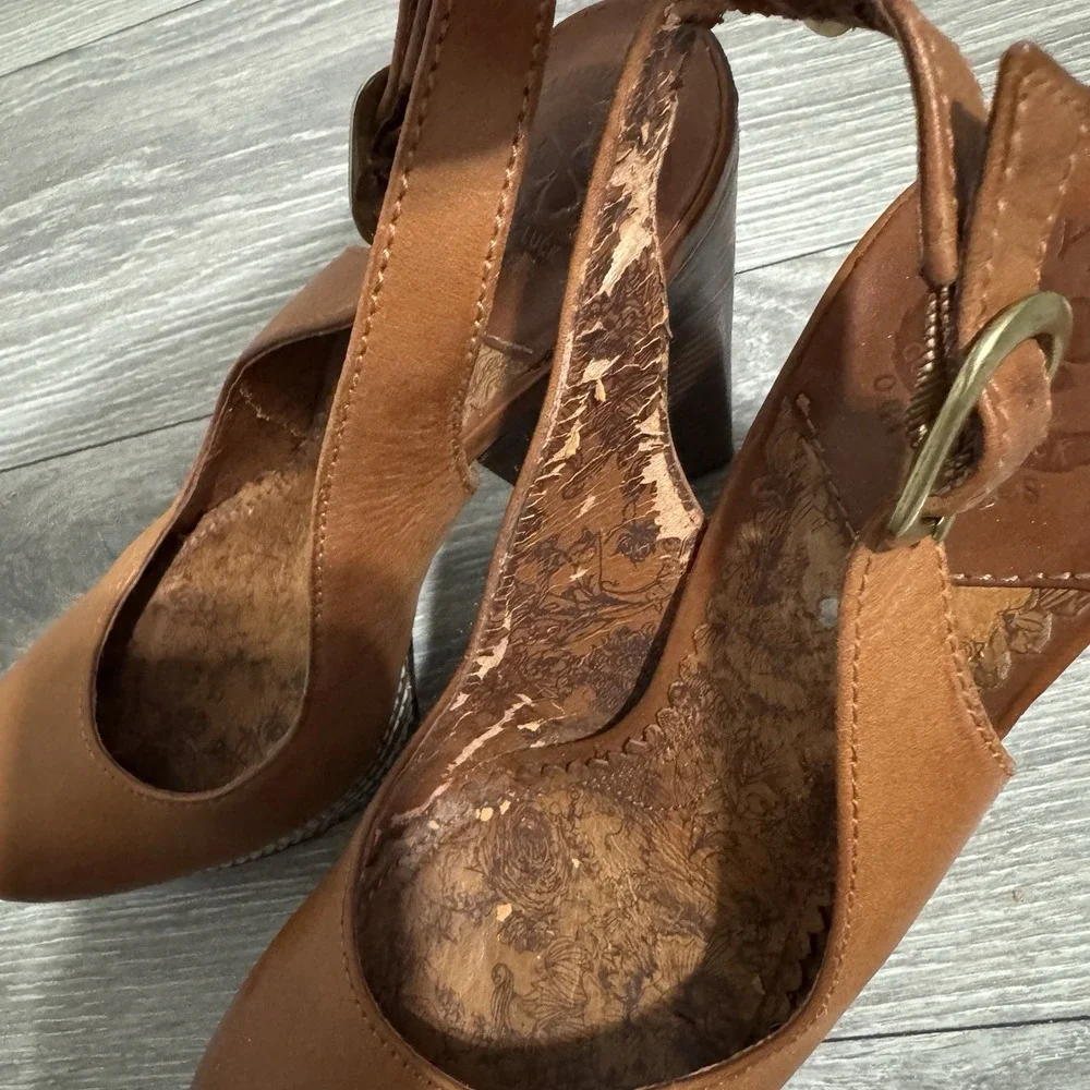 Lucky Brand Women's Brown Leather Heels Sz 8.5M Chunky Y2K Slingback Platform - Picture 5 of 13